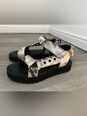 AllSaints Rihanne Leather Sandal Shoe in Summer Snake, Black/Cream, UK37/US7